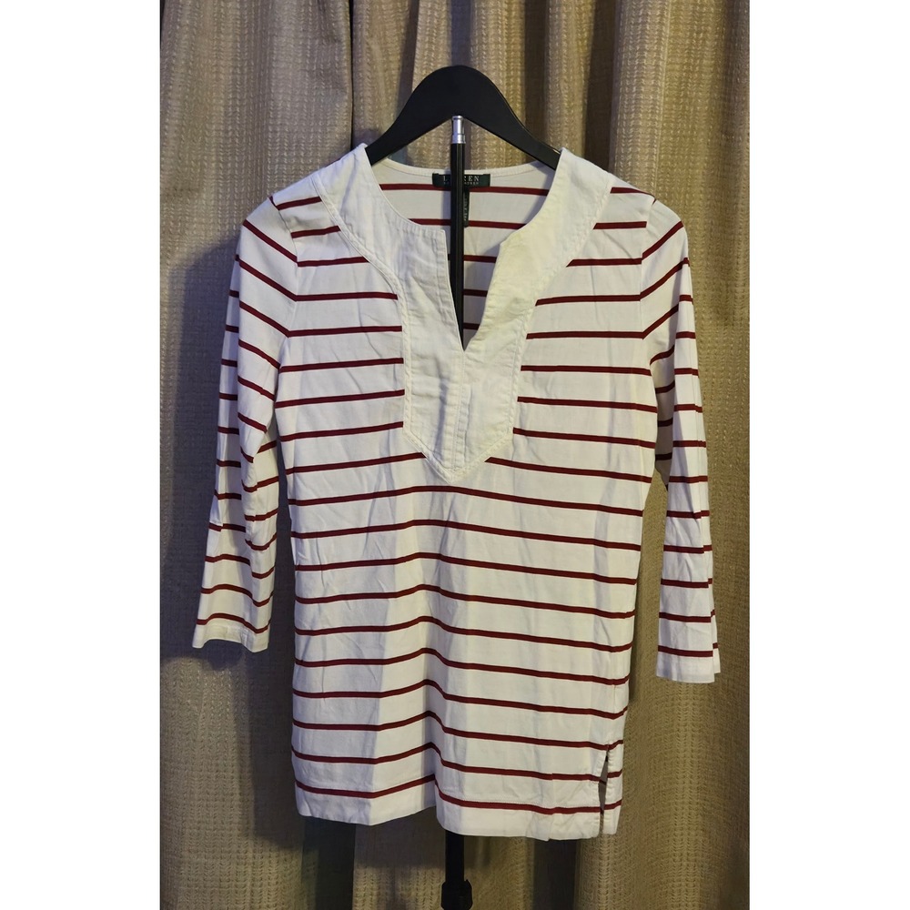 Lauren‎ Ralph Lauren 3/4 Sleeve Striped V-Neck Blouse Women's Size Medium